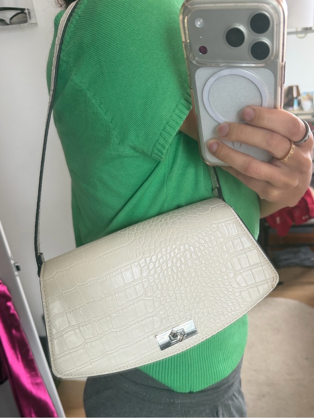 Cream Croc-Embossed Shoulder Bag